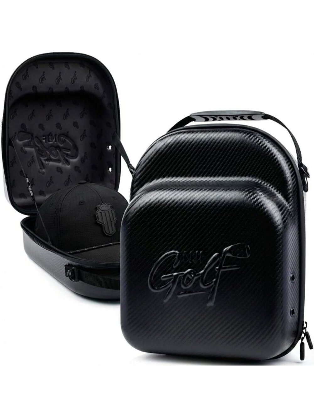 NJF Golf Hat Carrier Bag Black, Hard Shell Faux Carbon Fiber Golf Hats Storage